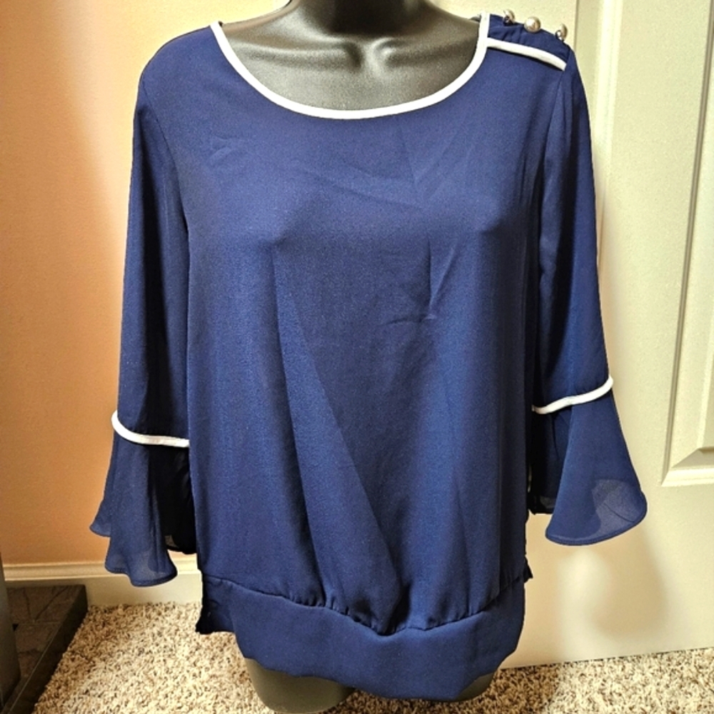 New York & Company Blue Relaxed Ribbed Blouse
